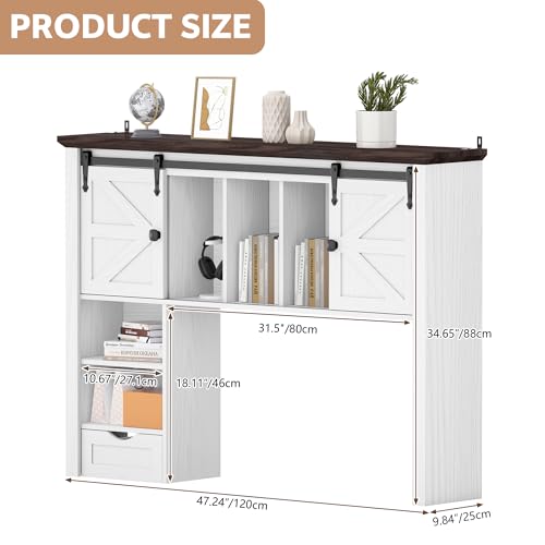 Large Desktop Bookshelf with Sliding Barn Door, 47.2''W Desk Shelf Display Rack, Desktop Organizer Storage Rack with 7 Cubbies and Drawer, Home, Desk Shelf for Office, Dorm, Vanity, White - color: White, size: 47.2''W