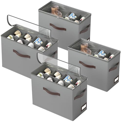 OIAHOMY 4 Pack Shoe Organizer for Closet, Foldable Shoe Storage Bins with Adjustable Dividers, Stackable Oxford Cloth Sneaker Boxes for Entryway Bedroom, Fits Up to 32 Pairs, Grey - color: Grey, size: 4 Pack