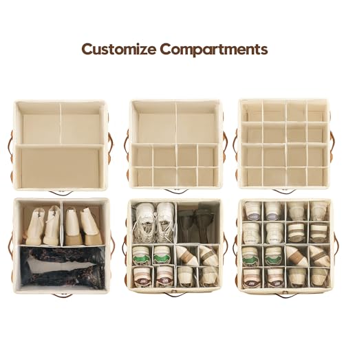 Varhomax Shoe Organizer Box 2 Pack for Closet, Fabric Shoe Storage Bin with Adjustable Dividers & Clear Cover, Holds up 16-32 Pairs of Sneakers & Sandals for Entryway, Cubby - color: Brown-Large-2 Pack