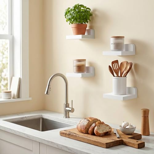 Fixwal Small Shelf for Wall, Rustic Wood Floating Wall Mounted Shelves for Bedroom, Living Room, Kitchen, Bathroom Decor, Set of 4, 5 x 5 Inches (White) - color: White