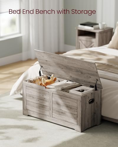 VASAGLE Storage Chest, Storage Bench with 2 Safety Hinges, Farmhouse Style, 15.7 x 39.4 x 18.3 Inches, for Entryway, Bedroom, Living Room, Heather Greige ULSB061K02 - color: Heather Greige, size: 39.4''W