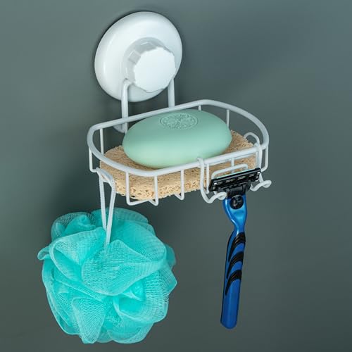 HASKO Suction Cup Soap Dish for Shower Wall, Rustproof Stainless Steel, Shower Soap Holder with Hooks for Bathroom, Includes Optional No Drill Adhesive Mount and Soap Saver, White - color: White