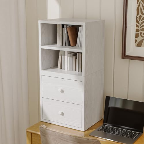FUSUNBAO Magic DIY Cube Storage Organizer Stackable Cubes for Home Books Clothes Toy-Modular Cubby Storage System-Office Cubical-Bookcase Closet (French Oak,Drawer Cube) - color: Pure White-washed