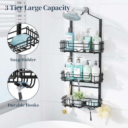 Consumest Shower Caddy Hanging – Rustproof Over Shower Head Hanger with Soap Holder and Hooks, Anti-Slip Shower Shelves for Storage, Bathroom Organizer for Apartment, Dorm, Black - color: Black, size: 3 Tier-Shower Head