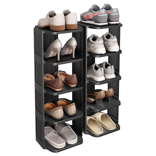 Kitstorack 10 Tiers Stackable Shoe Rack for Closet and Front Door Entrance - Free Standing Plastic Stand, Narrow Tall Vertical Organizer for Small Spaces Storage - color: Black, size: 10 Tiers
