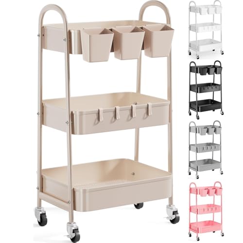 3 Tier Khaki Metal Utility Rolling Cart, Storage Cart with Handle and Lockable Wheels, Multifunctional Organizer Trolley with Mesh Storage Baskets for Kitchen, Office, Living Room, Laundry, Garage - color: Rustic Khaki, size: 3 tier