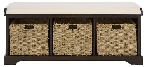 SAFAVIEH Home Collection – Lonan Dark Chocolate Storage Bench with Seat Cushion, 3 Basket Drawers, Coastal Farmhouse Entryway Design (AMH5733F) - color: Dark Chocolate