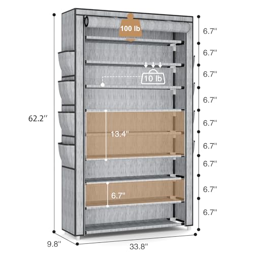 Shoe Rack with Cover, 10 Tier Shoe Organizer Storage for 40-50 Pairs Sneaker and Boots, Large Capacity, with 8 Pockets, Free Standing Tall Shoe Rack for Front Door Entrance, Closet, Printing - color: Printing