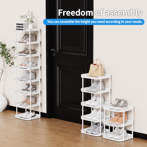 Narrow Shoe Storage Rack, Compact Single Shoerack Stand for Slim Space, Stackable Tall Thin Show Tower, Solid Plastic Shelves, for Hallways, Kitchens, Bedrooms Tidy Organizer (White, 8 Tier) - color: White, size: 8 tier