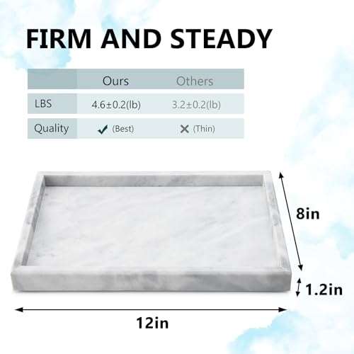 Real Natural Marble Tray for Bathroom, Vanity, Kitchen and Desktop, Rectangle Genuine Marble Stone Tray for Jewelry, Cosmetics, Candles, Lotion, Perfume and Home Decor - color: White, size: 12" x 8" x 1.2"