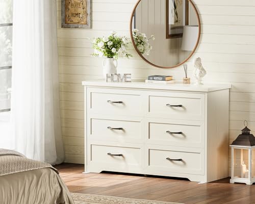 AODK Farmhouse 6 Drawer Dresser for Bedroom, 47” Wide Rustic Storage Dresser with Engineered Wood Frame, Anti-Tip Safety Chest, American Country Bedroom Furniture, Vintage White - color: Vintage White, size: 15.7"D x 47"W x 30.4"H (6 Drawers)