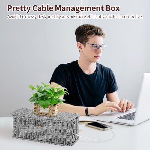 Cable Management Box, Desk Handwoven Rattan Cord Hider Cable Organizer Box With Lid Button Lock, Power Strip Cover Wicker Decorative Basket, Floor Wire Hiding Extension Cord Box (grey) - color: Grey