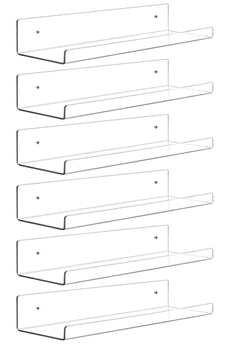 Dezzer 6 Pack Acrylic Shelves for Wall, 15" Clear Acrylic Floating Shelves for Bathroom Bedroom, Invisible Bookshelf Wall Ledge Storage Shelf Books Perfume Toys Action Figure Display Shelves - style: 15 inch 6-pack