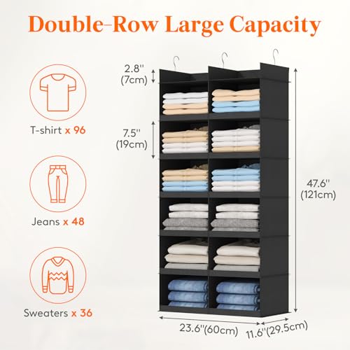 Lifewit Dual-Row Shelf Hanging Closet Organizer and Storage, Clothes Shelves with 3 Sturdy Hooks for Clothing Organization, Foldable Container Hold Up to 36 Sweaters, 6 Tier 12 Sections, Black - color: Black, size: 6-Tier