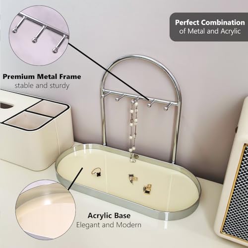 Shinpuru Metal Jewelry Organizer Stand & Key Holder Tray with Acrylic Base, Key Stand and Jewelry Tray with 5 Hooks, Perfect Key Bowl, Valet Key Tray, Ring Holder, Jewelry Dish (Silver Creamy) - color: Silver Creamy