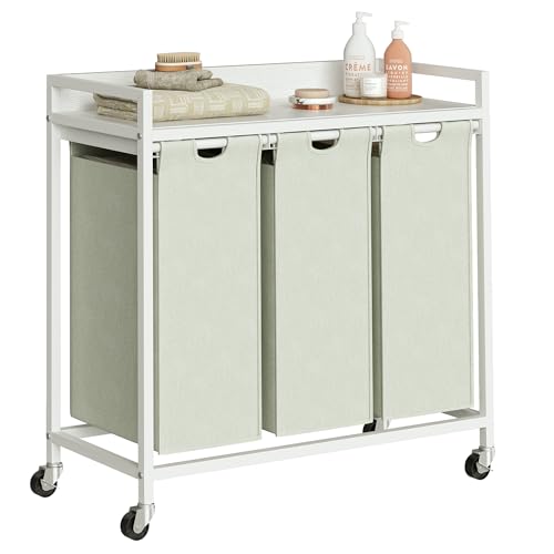 Herture Laundry Hamper with Shelf, Laundry Basket 3 Section, Laundry Sorter with Pull-Out Removable Large Bags and Movable Wheels, Metal Frame, 3 x 15.87 Gallons (60L), White PF04XLW - color: White, size: 3 Bags-180 L