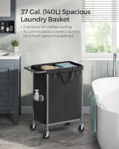 SONGMICS Laundry Basket with Wheels, 2-Section Rolling Laundry Hamper, 37 Gallons (140 L), Removable Liner, Steel Frame with Handle, 27.2 x 15.4 x 31.9 Inches, Ink Black URLS004B01 - color: Ink Black, size: 140 L (2-Section), style: Rectangular with handl