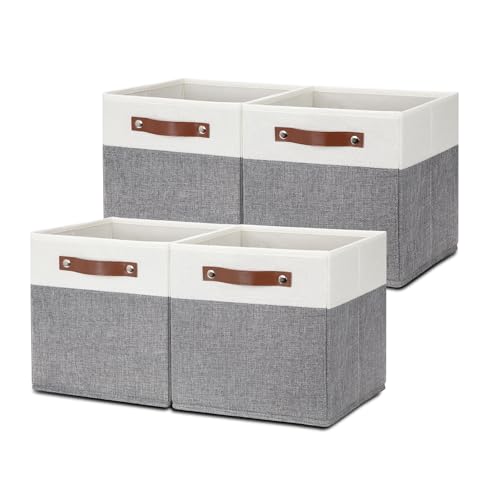 HNZIGE Set of 4, Foldable Storage Cube Bin Baskets, Fabric 11x11 Cube Storage Bins for Storage with Handles, Shelf Bins for Cube Home Toy Nursery Closet(White Gray) - color: Gray White, size: 11"x11"x11"-4pack