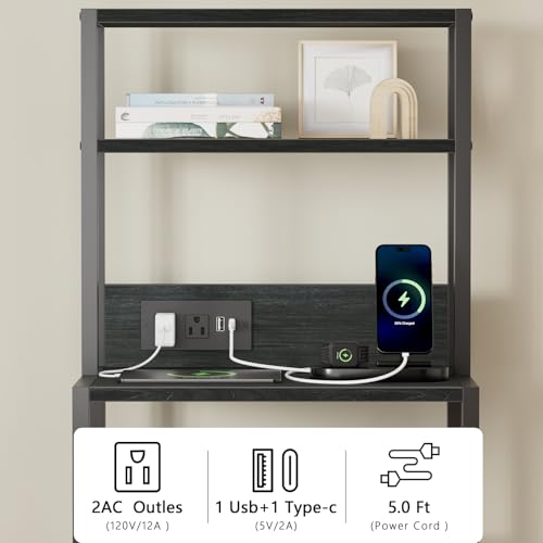 Furnulem Night Stand, Tall Nightstand with 4-Tier Shelves, 2 Fabric Drawers and Led Lights, Bed Side Tables with Charging Station, Bedside Table for Bedroom, Office, Black Oak | 4-Tier Shelves, 2 Fabric Drawers, Light Tube, Bed Side Tables, Charging Stati