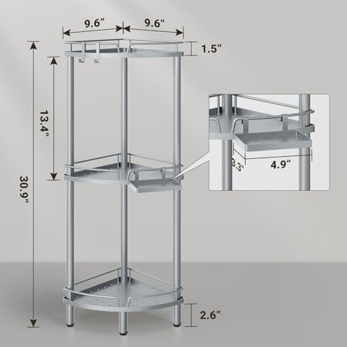 ELYKEN Corner Shower Caddy Standing, 3 Tier Rustproof Metal Shower Organizer with Soap Holder, Floor Shower Corner Shelf Rack Storage Stands with Adjustable Feet & 2 Hooks for Bathroom, Silver - color: Silver, size: 3 Tier