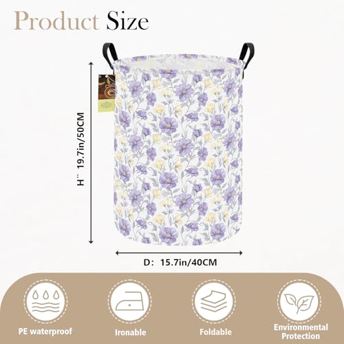 Collapsible Fabric Storage Basket, Waterproof Laundry Hamper with Handles, Round Storage Bin for Clothes Toys, Foldable Organizer for Bedroom Nursery Bathroom(Round-Purple Flowers) - color: Round-Purple Flowers