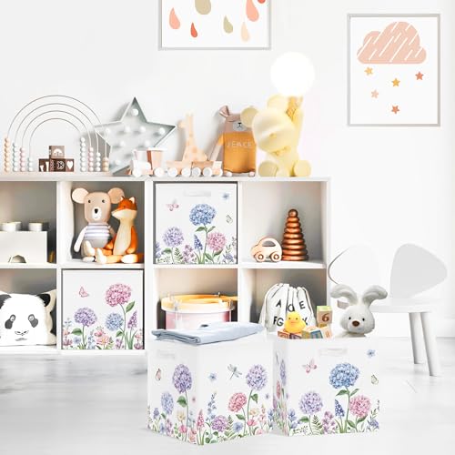 Clastyle Flowers Storage Cube Organizer Set Handle Closet Clothes Cube with Metal Frame Foldable Parents Organizer Storage Basket for Book Toy,Purple Hydrangea,11.8x11.8x11.8 in - color: Purple Hydrangea