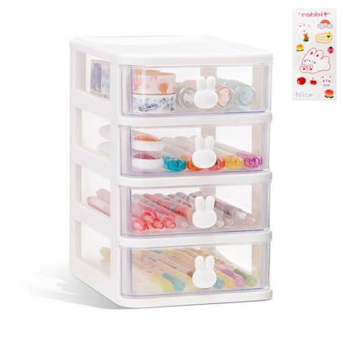 CEYAZYE Desk Organizer with Drawer, Stackable Makeup Organizer White, Small Plastic Storage Box for Desktop, Bathroom Counter or Dresser, School, Home, Office (4 Tier) - color: White-4 Tier