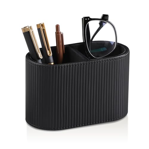 PU Leather Pen Holder for Desk, Small Remote Control Holder Pencil Cup Multifunctional Desktop Organizer Caddy for Home School Office Desk Accessories - 2 Compartments (Black Ribbed Texture) - color: Black Ribbed Texture