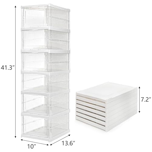 Hedume 6 Pack Clear Shoe Boxes Stackable, Drop Front Shoe Storage Box, No Assembly Plastic Shoe Organizer Storage Bin with Door, Free Standing Shoe Shelf Cabinet with Lid for Size 13, 13.6"x10"x7.9"