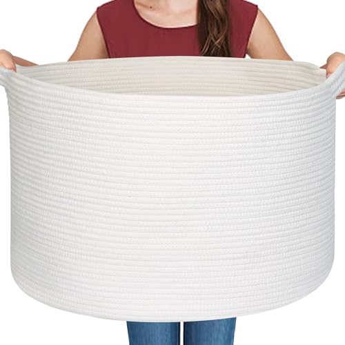 MEGASKET White Cotton Rope Storage Basket, 22" X 22" X 14" Extra Large Blanket Storage Living Room, XL Soft Toy Bin for Organizing, Woven Baby Laundry Basket with Handle, White Wicker Hamper Nursery - color: White, size: 22"x22"x14"