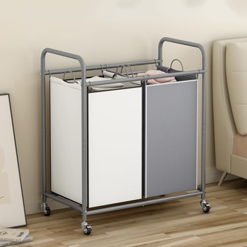 SUOERNUO Laundry Hamper Basket 2 Bag Laundry Sorter Cart with Rolling Lockable Wheels and Removable Bags Laundry Organizer Cart for Clothes Storage (Grey+Beige, 2 Bags) - color: Grey+Beige, size: 2 Bags