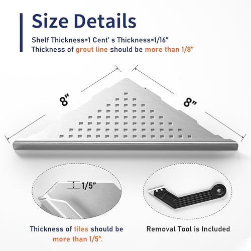 8'' Corner Shower Shelf 2 Pack, 304 Stainless Steel Grout in Shelves for Tiled Wall, Recessed Bathroom Shelf Rack (8'', Silver) - color: Silver, size: 8''