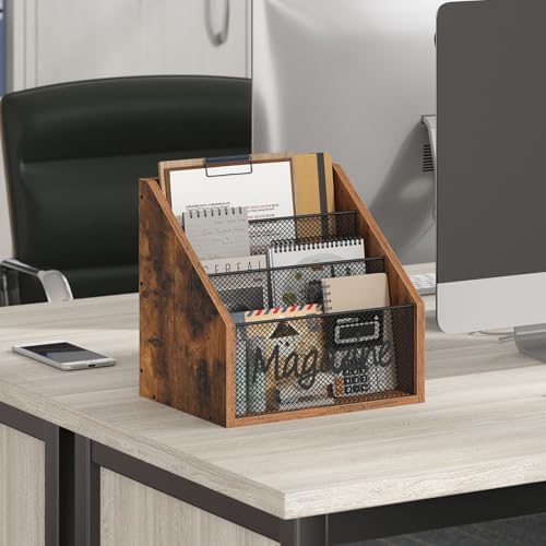 YATINEY Magazine Holder, Wood Magazine Rack Floor, Mail Organizer Countertop, Magazine Mail Holder Sorter, Record Holder for Magazines, Books, Newspapers, Tablets, Rustic Brown and Black MR02BR - color: Rustic Brown + Black