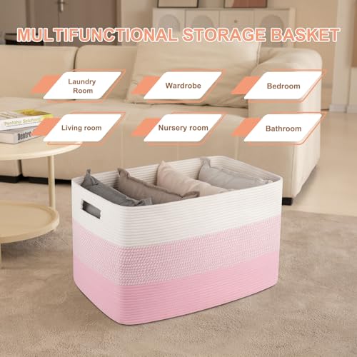 OIAHOMY 108L Super Large Blanket Basket For Living Room, 25”x16”x16” Rectangle Woven Baskets For Storage, Toy Storage with Handle - Pink&White - color: Pink&White
