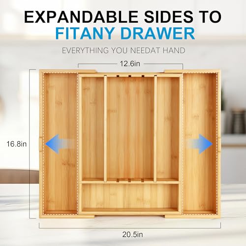 Bamboo Expandable Silverware Organizer - Adjustable Cutlery Tray with 3 Removable Dividers & 5 Tracks, Drawer Organizer for Utensils, Stationery, Tools (12.6" to 20.5")