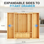 Bamboo Expandable Silverware Organizer - Adjustable Cutlery Tray with 3 Removable Dividers & 5 Tracks, Drawer Organizer for Utensils, Stationery, Tools (12.6" to 20.5")