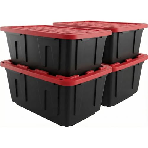 27 Gal Industrial Tote,4 Pack Plastic Storage Bins with Lids Tough Large Storage Bin,Black with Red Lid Plastic Storage,Stackable & Nestable for Garage, Basement, or Outdoor (4 Pack) - size: 4 Pack
