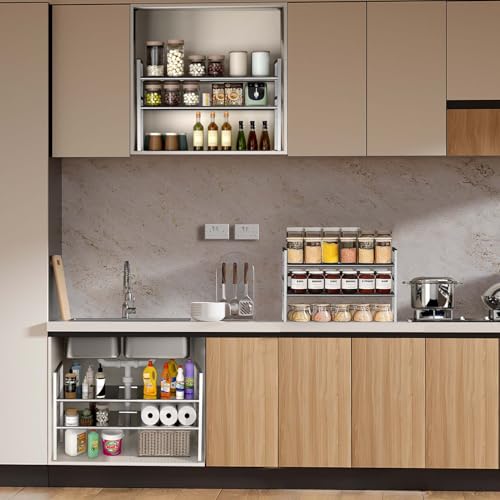 Expandable Under Sink Organizer and Storage, 2-Tier Height Adjustable Under Cabinet Organizer Shelf with 8 Removable Panels for Bathroom Kitchen Multi-Purpose Storage (8 Panels)