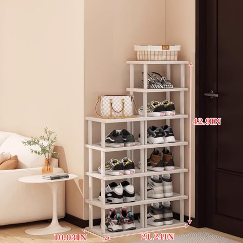 Bamboo Shoe Rack 12 Tier- Vertical Shoe Rack for Small Spaces, Tall Narrow Shoe Rack Organizer for Closet Entryway Corner Garage and Bedroom,Skinny Shoe Shelf with Free Stackable DIY White Storage - color: White, size: 12-tier