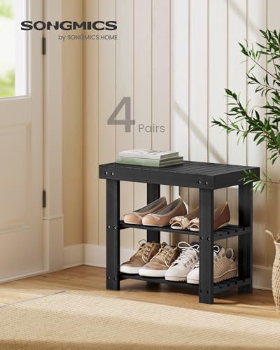 SONGMICS Shoe Rack Bench, 3-Tier Bamboo Shoe Storage Organizer, Entryway Bench, Holds Up to 286 lb, 11.3 x 19.7 x 17.8 Inches, for Entryway Bathroom Bedroom, Ink Black ULBS001B01 - color: Ink Black, size: 19.7"W