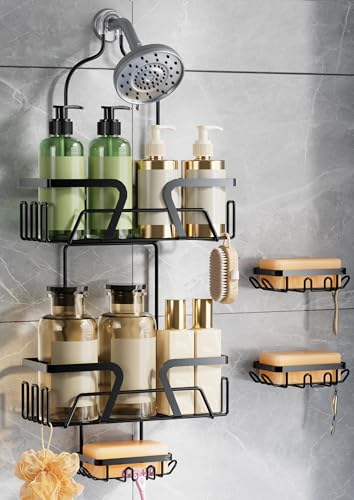 DAOYA Shower Caddy Hanging with 3 Soap Holder - Over the Shower Head Caddy for Bathroom Organization(for Bathroom Organization, 24 Side Hooks, 3 Razor Holder - color: Black