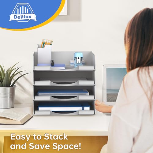 4 Pack Stackable Paper Trays for Letter Documents, Desktop File Organizers for Office Supplies, Stackable Desk Tray Holder for Paper Storage, Gray - color: Gray