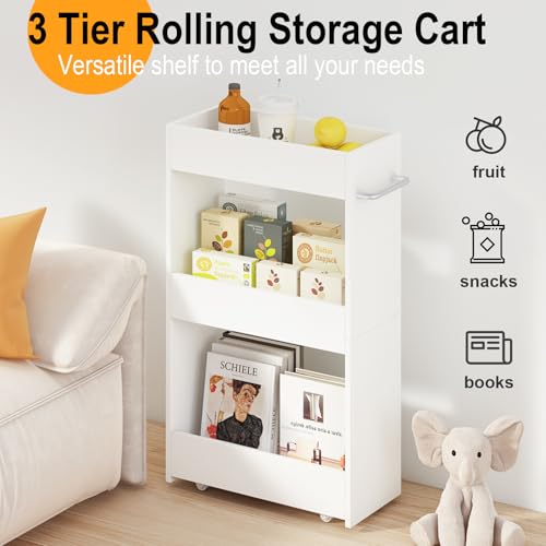 MARTY Wood Rolling Storage Cart 7.9" W, 3 Tier White Slim Utility Kitchen Cart on Wheels Laundry Room Bathroom Organizers Narrow Shelves with Handle Mobile Shelving Unit for Small Places - color: White