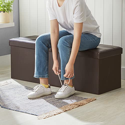 SONGMICS MAZIE Collection - 43 Inches Storage Ottoman Bench with Flipping Lid, Storage Chest with Iron Frame Support, Load 660 lb, for Living Room, Bedroom, Synthetic Leather, Brown ULSF75BR - color: Brown, size: 15"D x 43"W x 15"H