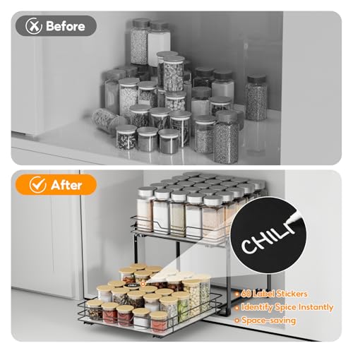 Spice Rack Organizer for Cabinet, 2 Tier Pull Out Spice Rack – Heavy Duty Metal Spice Organization for Cabinet, 50-Jar Capacity, Height Adjustable Cabinet Organizer (11.5W" X 10.5"D X 9"H, Black) - size: 11.5W" X 10.5"D X 9"H - 2 Tier