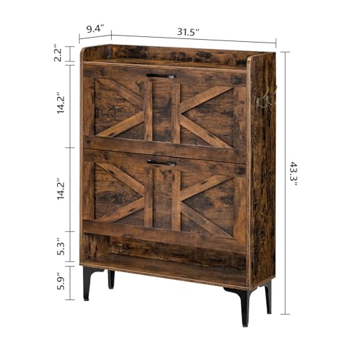 MAHANCRIS Shoe Storage Cabinet, Shoe Organizer with 2 Flip Drawers, Hidden Shoe Storage for Entryway, Freestanding Organizer with Open Storages, Rustic Brown SHHR9401N1 - color: Rustic Brown