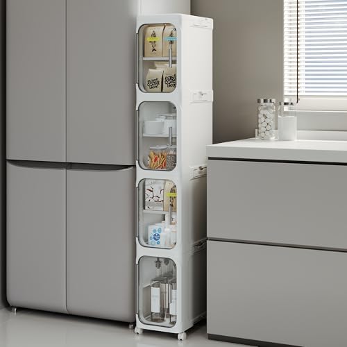 4-Tier Tall Narrow Storage Cabinet, Slim Bathroom Storage Cabinet with Adjustable Shelves and Wheels, Narrow Organizer for Small Space, Bathroom, Kitchen, Laundry, White - color: White, size: 4-Tier