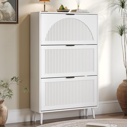 BORNOON Shoe Cabinet for Entryway with 3 Flip Drawers, Slim Wooden Shoe Storage Organizer with Modern Fluted Pannel，Freestanding Narrow Hidden Shoe Rack for Hallway, Foyer, Living Room - color: White, size: 3 Flip Drawers