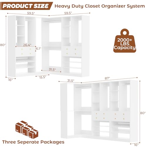 Besiost Closet System with 4 Drawers and Hanging Rods, 59.5"L / 87"L Closet Organizer System with Corner Tower, L Shaped Walk-in Closet System, Corner Closet System with Shelves, Set of 3, White - color: White, size: 59.5" * 59.5"