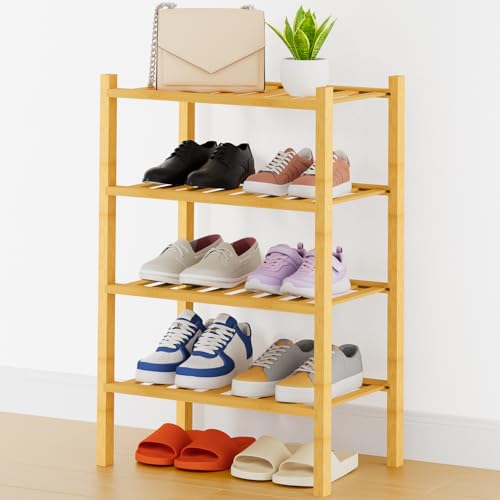 Smiry Shoe Rack, 4 Tier Thick Small Bamboo Shoe Organizer, Stackable Free Standing Wooden Shoe Storage Shelf for Closet, Entryway, Front Door Entrance, Natural - color: Natural, size: 17.32" Wide - 4 Tier - Thicker
